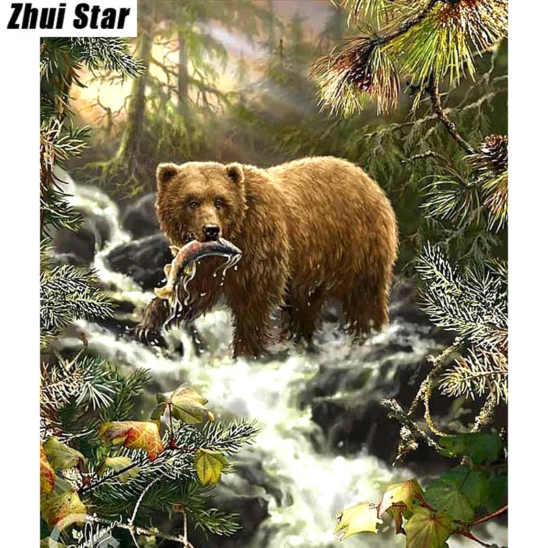 

3D DIY Diamond Painting Cross Stitch Forest Bear Catch Fish Crystal Needlework Diamond Embroidery Full Diamond BJ569 ZS
