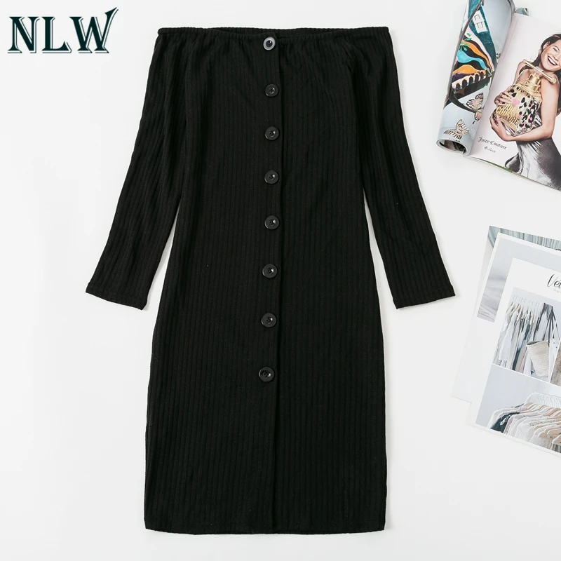 

NLW Button Off Shoulder Knitted Sweater Dress Women Mini Winter Dresses Elegant Party Dress Black Ribbed Vestidos 4 Plus Size