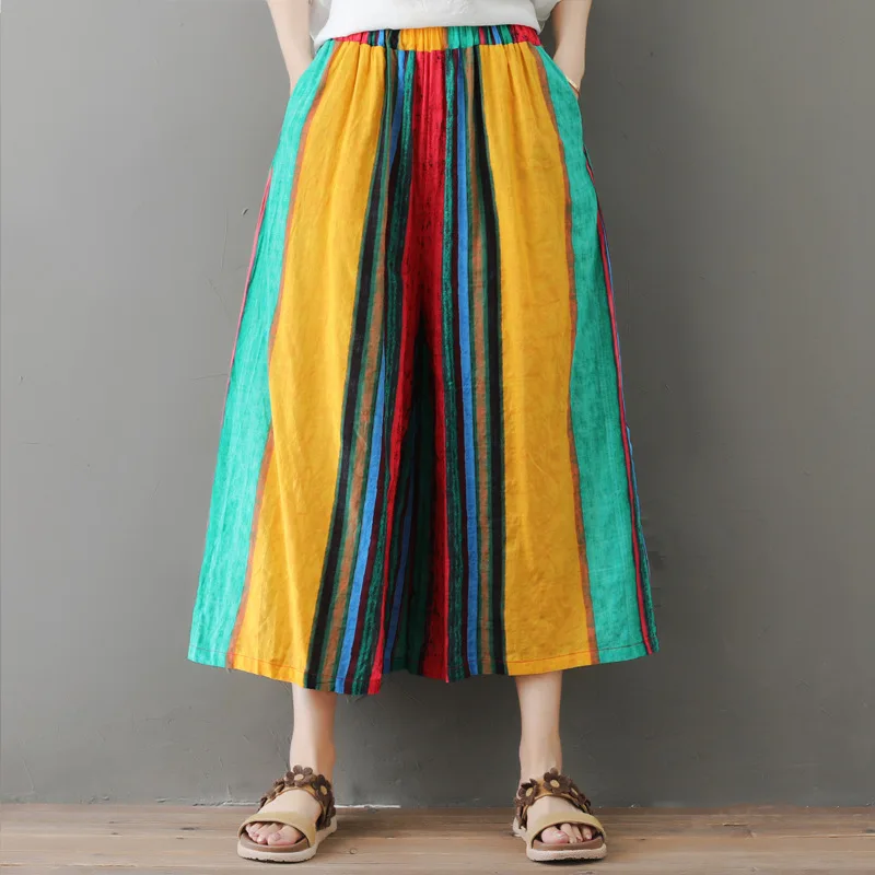 

Johnature 2019 New Summer Multi Color Striped Loose Vintage Elastic Wiast Loose Wide Leg Pants Casaul Calf-length Women Pants