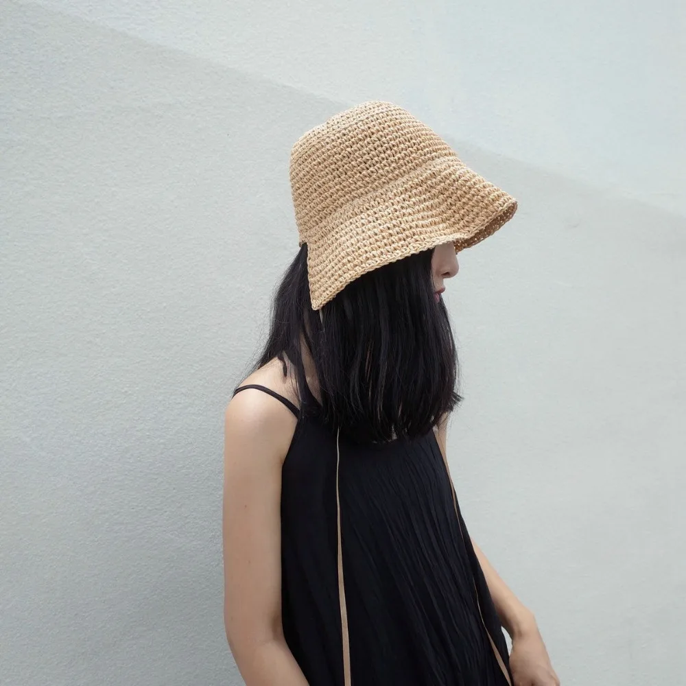 

[La MaxPa] Europe Retro Summer Handmade Crochet Straw Hat Female Folding Sun Hat Personality Straps Beach Sun Hat for women