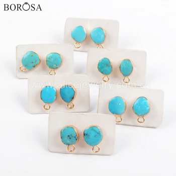 

BOROSA 5/10Pairs Gold Electroplated Natural Turquoises Stud Earring with Charm Natural Blue Stone Earrings Jewelry Finding G1709