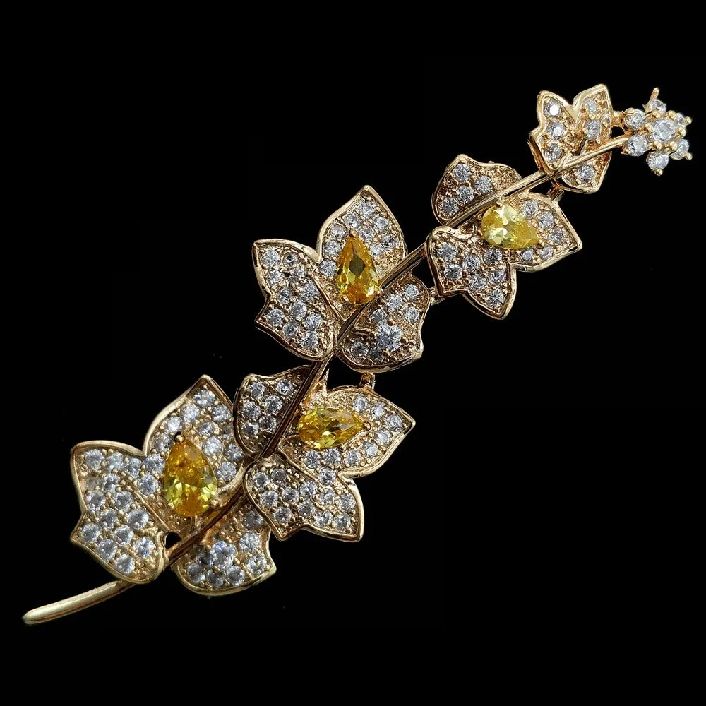 Charming Elegant Vine Plant Branch Yellow Flowers Brooch Gold Tone Micro Pave and Pear Shaped CZ Floral Vane Pin Bridal Jewelry