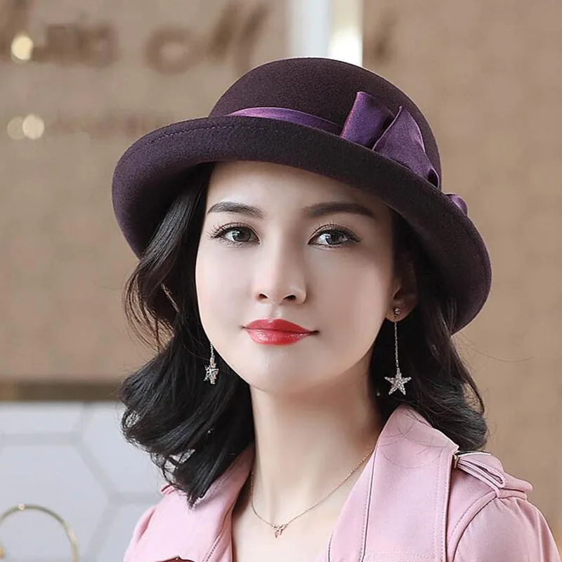 

Fashion Wide Brim Wool Black Women Fedora Hat Felt Ladies Formal Hats Elegant Bowknow Round Cloche Spring Winter Fedoras