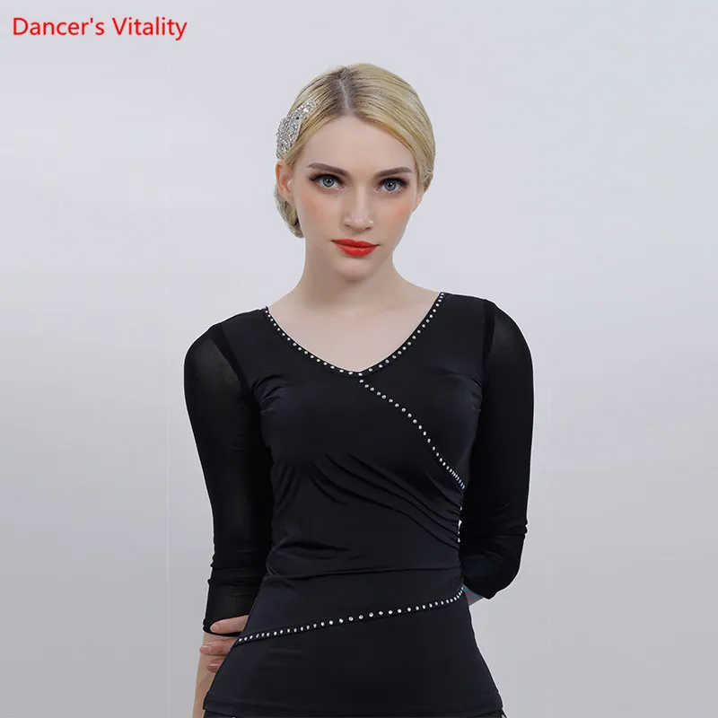 

Ballroom Dance Tops 2019 New Sexy Gauze Sleeve Practice Dancing Shirt Female Adult Latin Waltz Dance Stage Performance Clothes