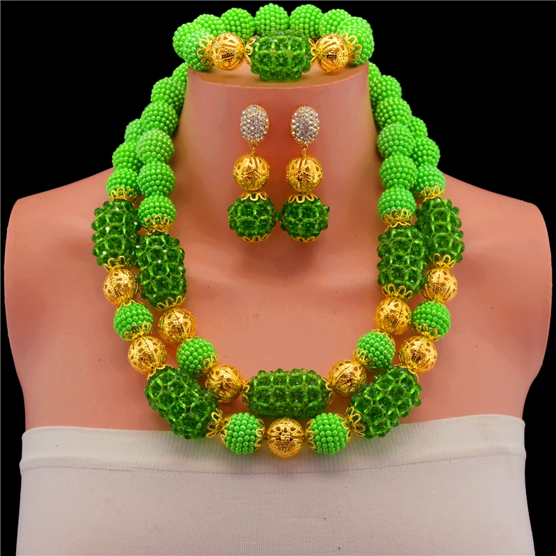 

Fashion Green Ball Pearl Handmade Women Nigerian Wedding African Beads Jewelry Set Bridal Gift Beads Necklace