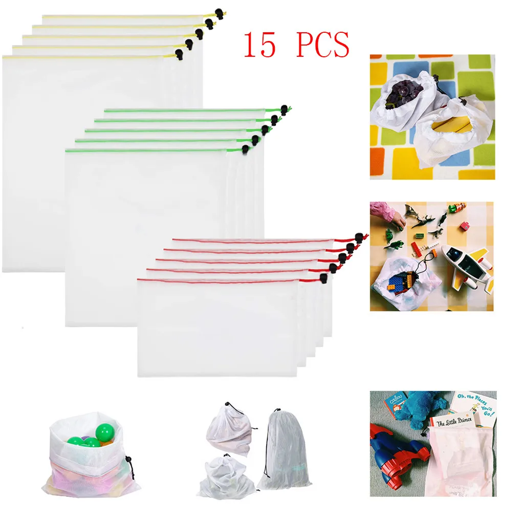 

15pcs Reusable Mesh Produce Bags Washable Bags for Grocery Shopping Storage Fruit Vegetable Toys Sundries Organizer Storage #ew