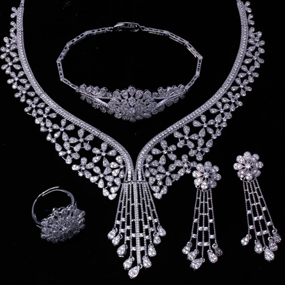 Women Bridal 4pcs sets African Wedding Jewelry Sets Cubic Zircon Fashion Dubai Gold Color Costume Design Big Necklace Jewelry