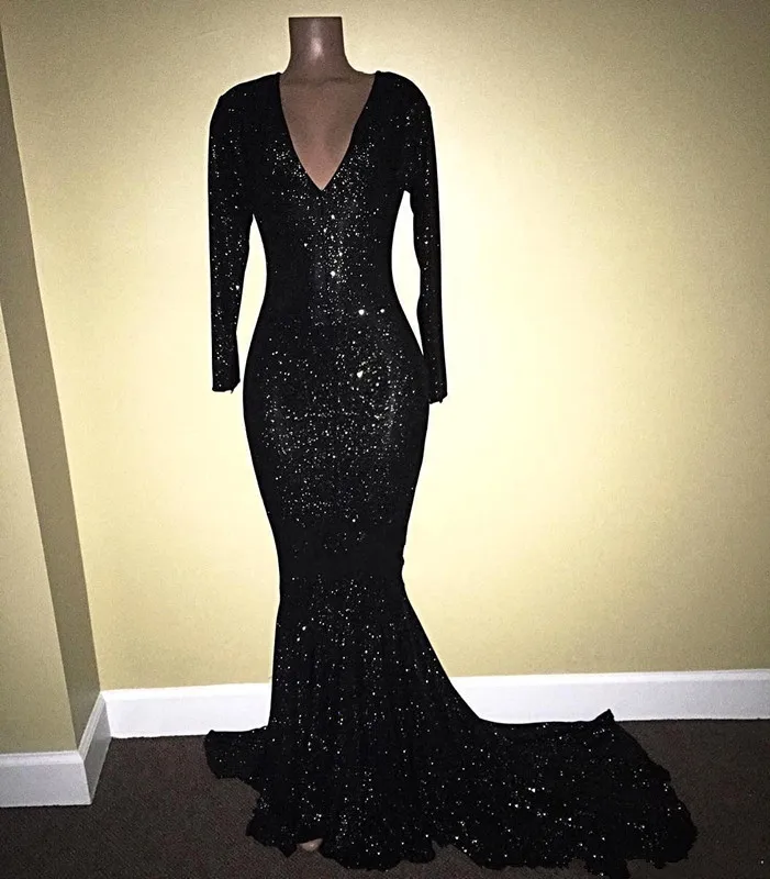 

2019 Sparkly Sequined Mermaid Evening Gowns Deep V Neck Long Sleeves Sweep Train Formal Party Prom Guest Dresses robe de mariee