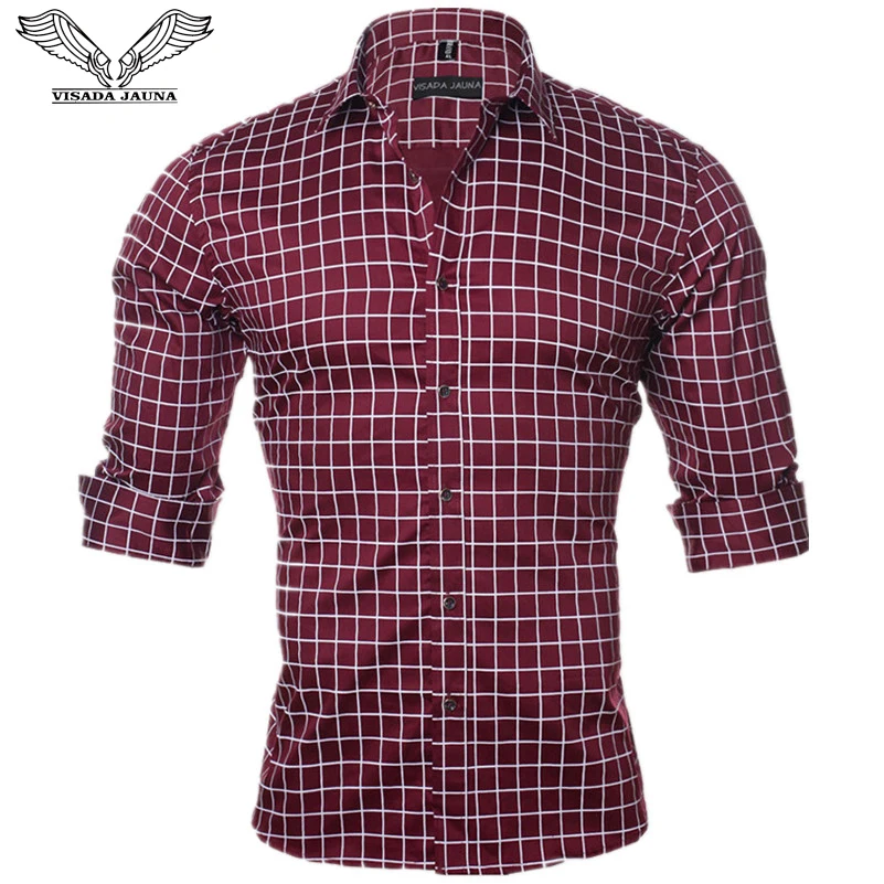Kopen Visada Jauna Mannen Shirt Lange Mouw Casual Fit Sociale Slim Shirt Mannen Katoen Plaid Solid Camisas Masculina Plus Size M 5XL n1144