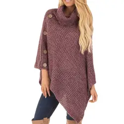 Пуловеры трикотажные Для женщин свитера с длинным рукавом осень, для женщин Вязание теплый шарф с пуговицами шеи свитер неравномерной