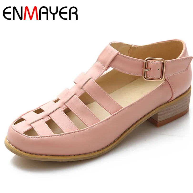 

ENMAYER Summer Shoes Comfortable Square Heel T-Strap Women Sandals for Lady Shoes Buckle Strap Leisure Close Toe 34 43 Sandals