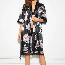 Женский шелковый атлас набивная Ночная рубашка комплект кружевной пижамы Ночная рубашка халат с поясом Одноцветный халат De Nuit Femme