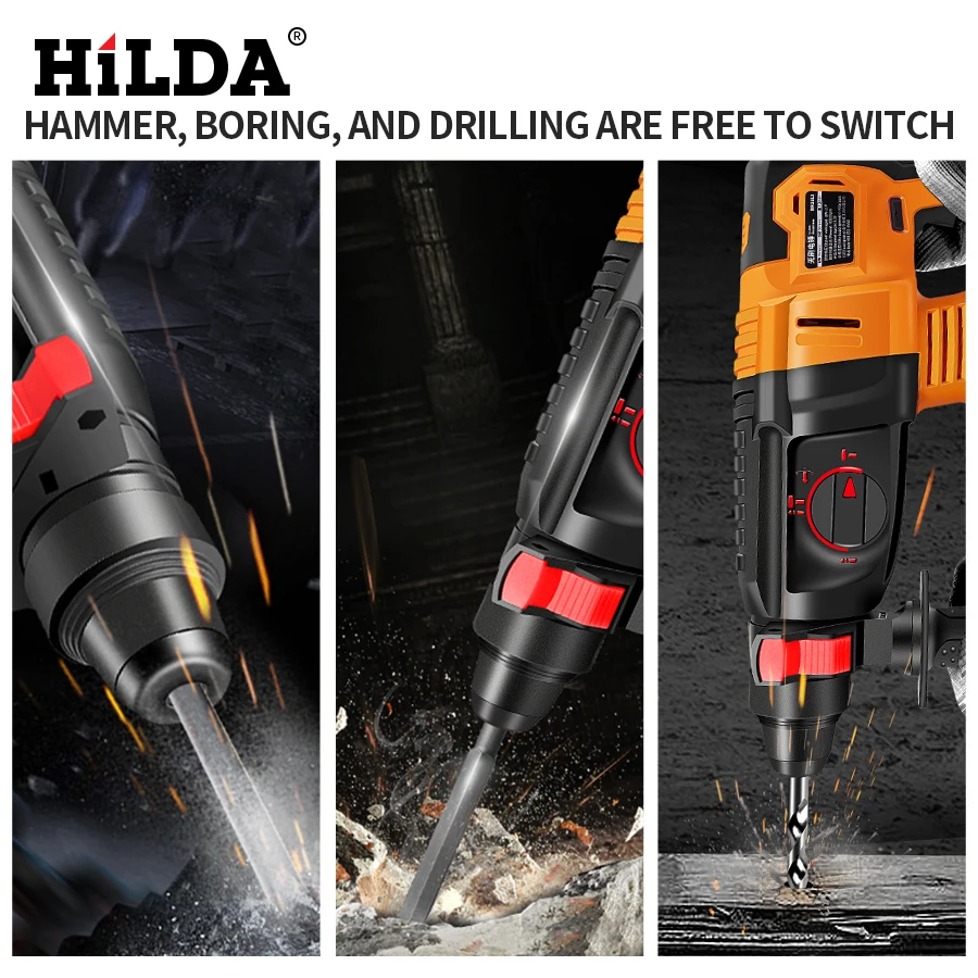 HILDA Electric Rotary Hammer Cordless Power Impact Drill with Lithium Battery Power Drill Brushless Electric Drill Power Drill