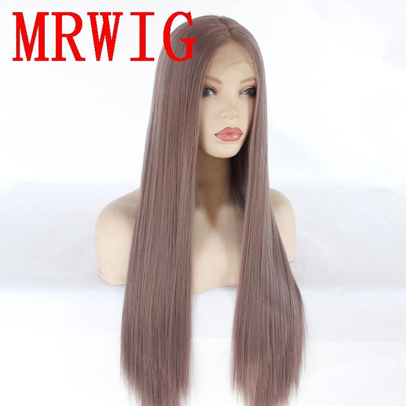 MRWIG Long Silky Straight Mxied Color Middle Part Synthetic Lace Front Wig Heat Resistant Fiber Cosplay 26in 320g for Woman