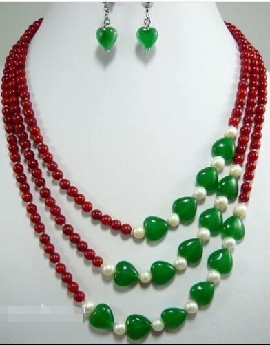 

FREE SHIPPING>>@> Free shippingBeautiful Jewelry 3Row 6mm Red Coral& Green Jade Necklace Earring set Natural jewelry