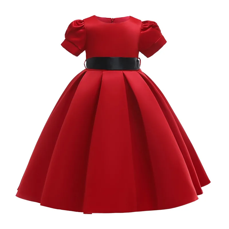 Baby Girls Short Sleeve Red Fold Dress With Black Bow Waist Belt Female Girl's Beautiful Evening Dresses Children's Clothing | Детская
