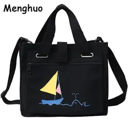 Menghuo для женщин Холст сумки мультфильм печатных сумка женский большой ёмкость Женская пляжная сумка Tote Shopping новый