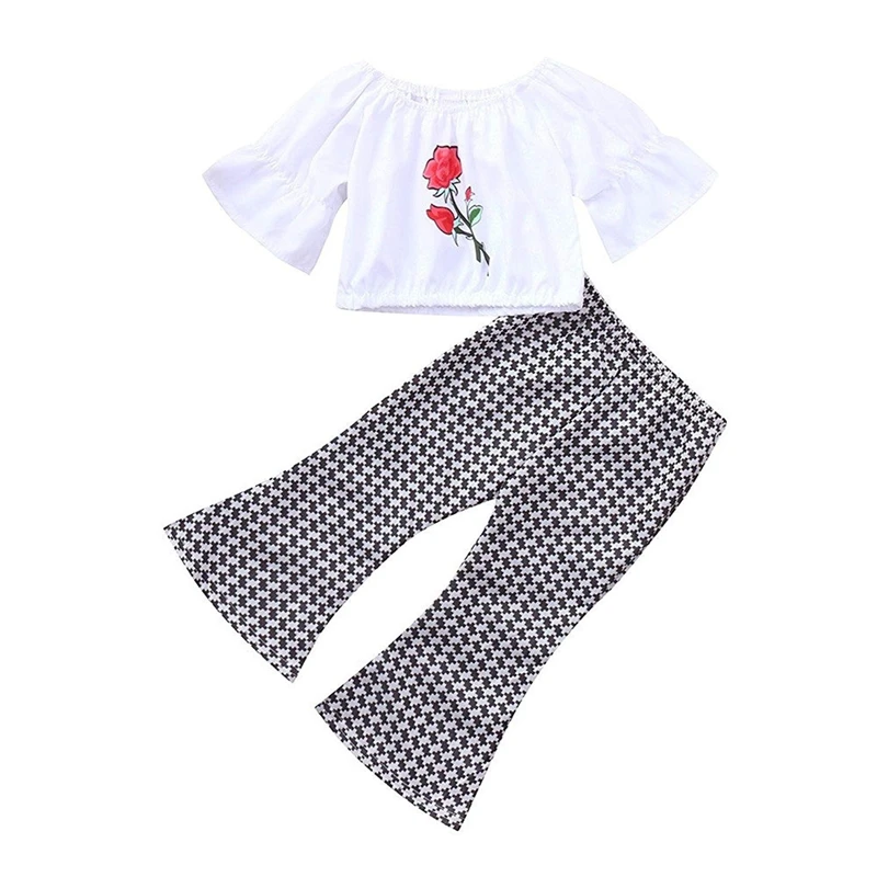 

Infant Baby Girls Floral T Shirts Half Flare Sleeve Tops + Plaid Flare Pants Outfits Clothes Set Toddler Summer New Fashion