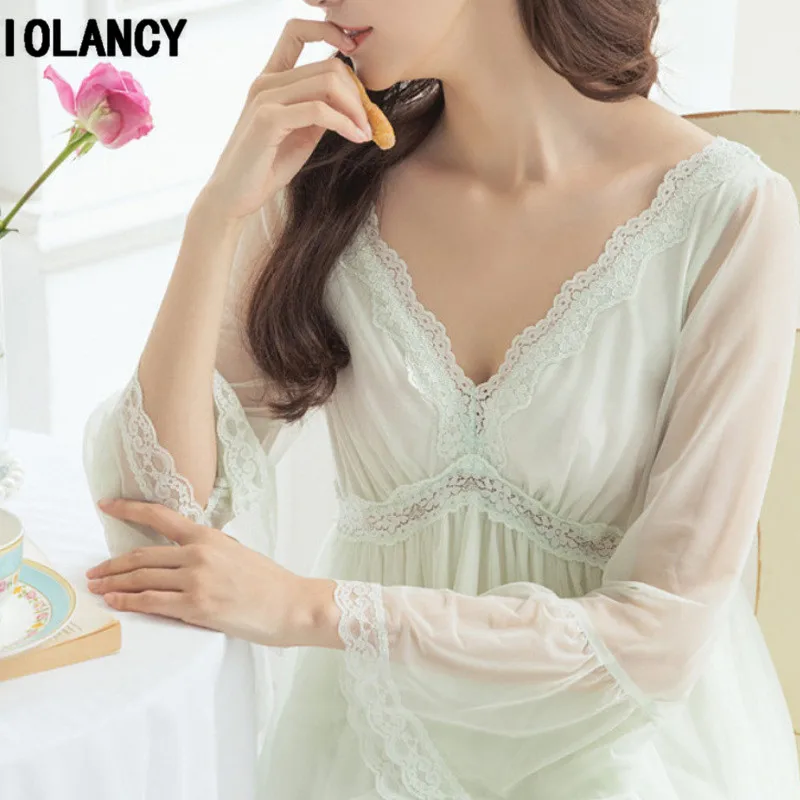 

Spring Summer Palace Retro Pregnant Women Dress Deep V Collar Lace Yarn Silk Pajamas Modal Temptation Princess Maternity YFQ171