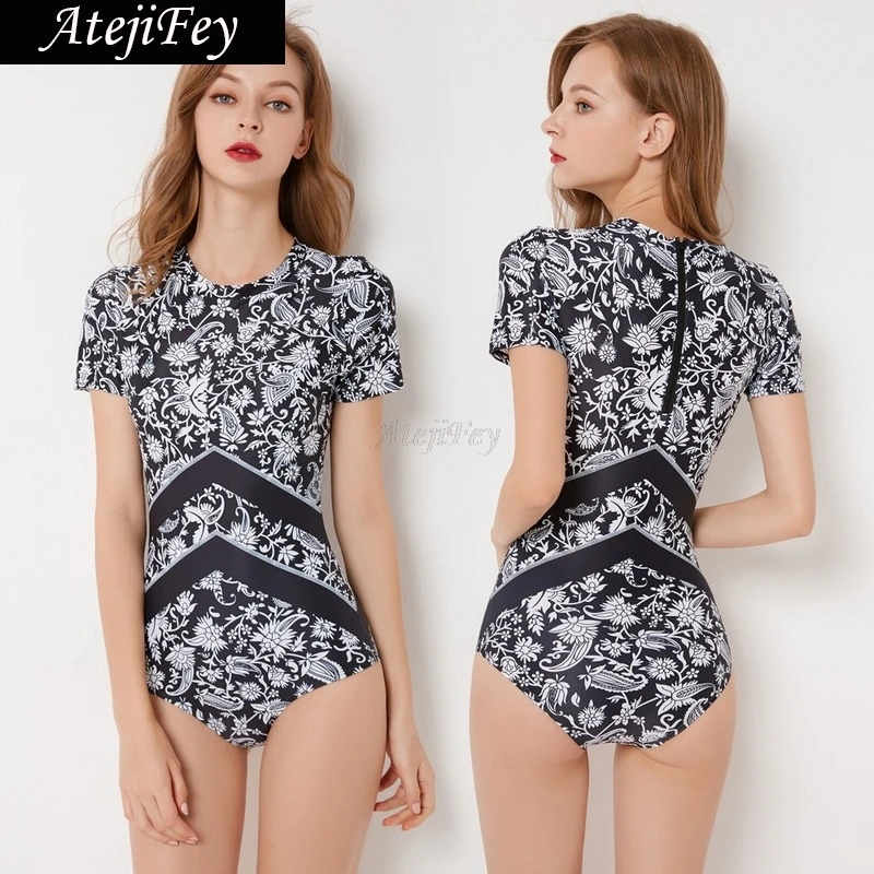 

Short Sleeves Floral Printed Swimsuit One Piece Suit Conservative Rash Guards Women's Swimwear Bikini Girl