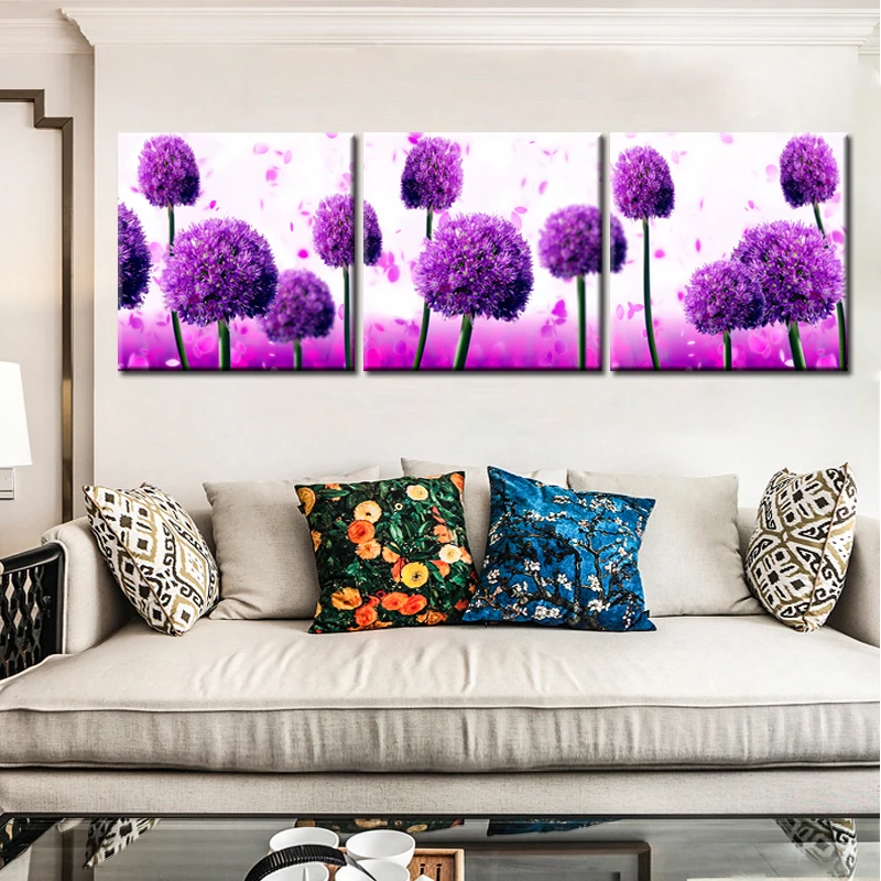 us 5 23 28 off modern 3 modules flower posters and print wall art canvas painting royal purple allium giganteum wall decoration for living room in purple flower posters
