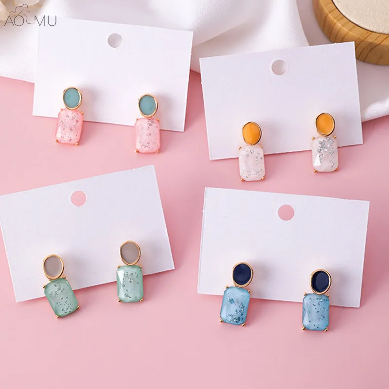 

AOMU S925 Sterling Silver Pin Resin Enamel Geometric Square Oval Color Dangle Drop Earrings for Women Girl Party Jewelry Brincos