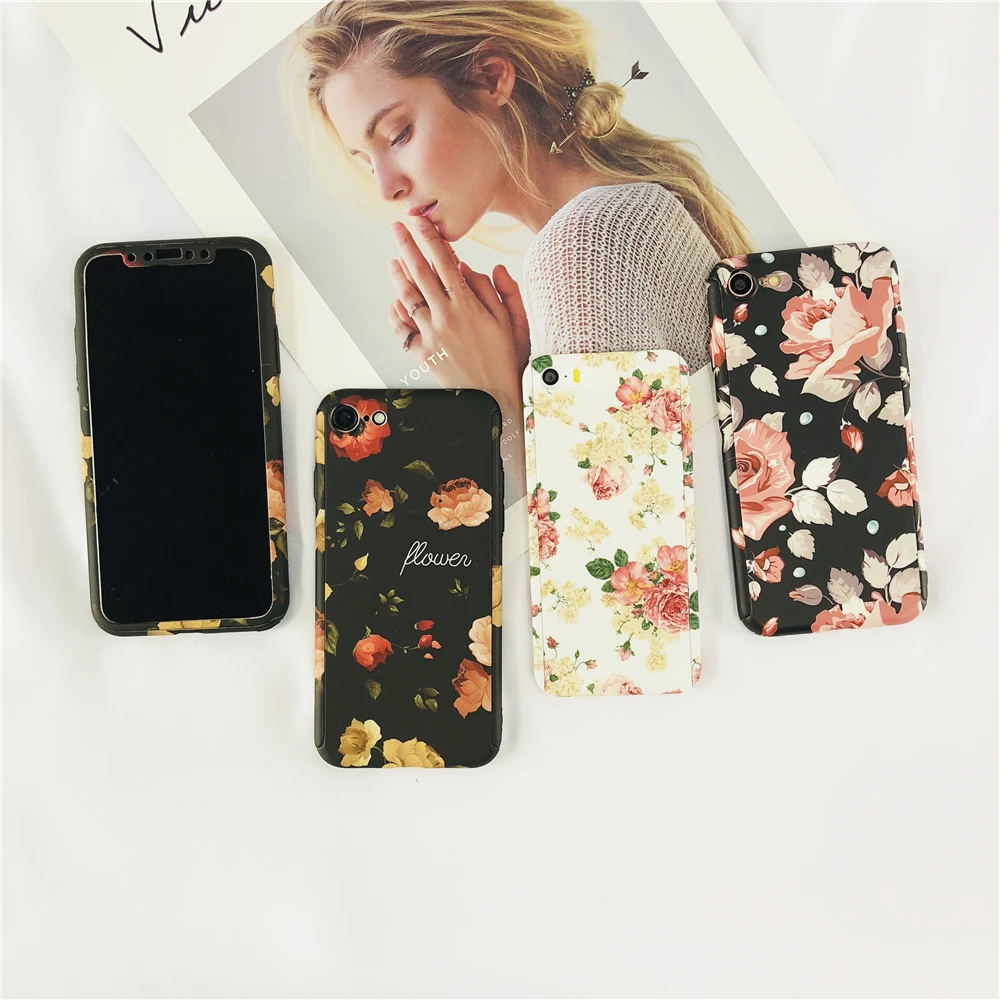Ретро Роза Чехлы для IPhone 6/6 S 7 8 плюс 5 SE X 360 градусов камень полный защитный розовый