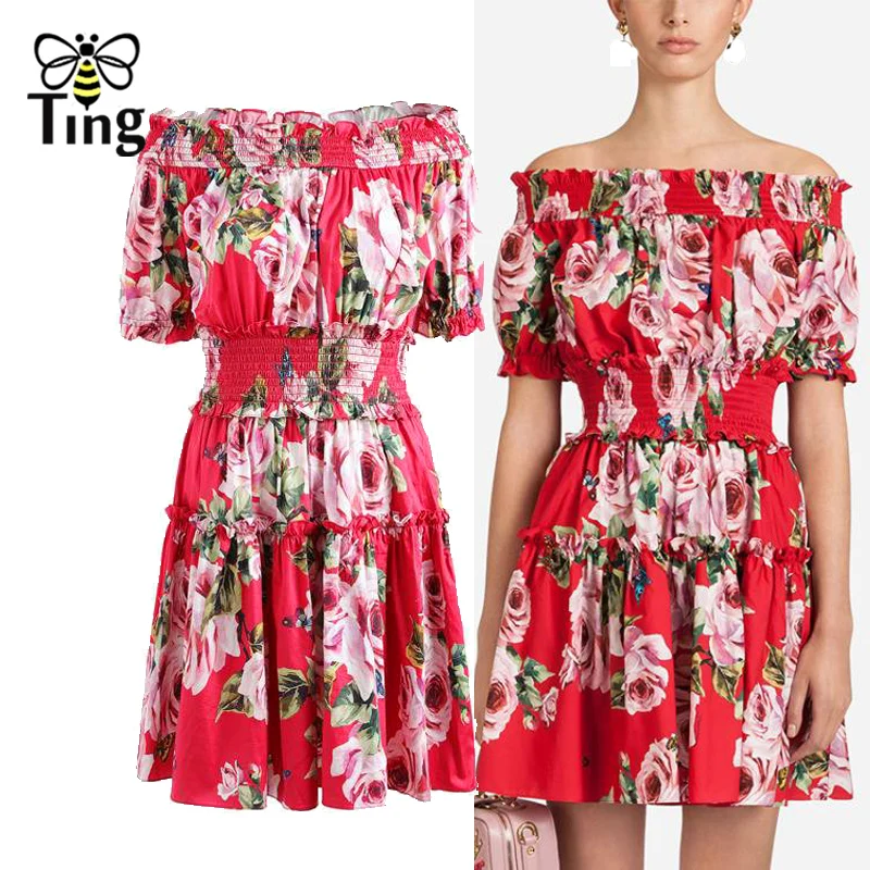 

Tingfly Summer new Runway Designer Sexy Slash Neck elastic floral dress Women off shoulder A line dress party dresses vestidos