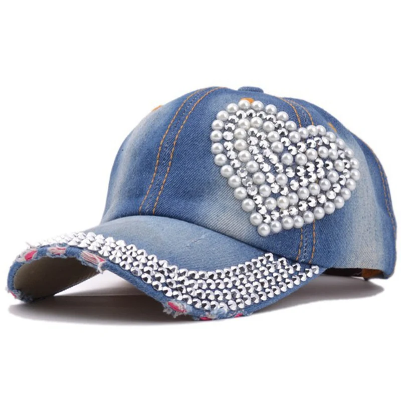 Baru Korea Gaya Wanita Denim Topi Bisbol Berlian Buatan Jantung Bentuk Topi untuk Musim Semi/Musim Panas/Musim Gugur/Pemenang- internasional