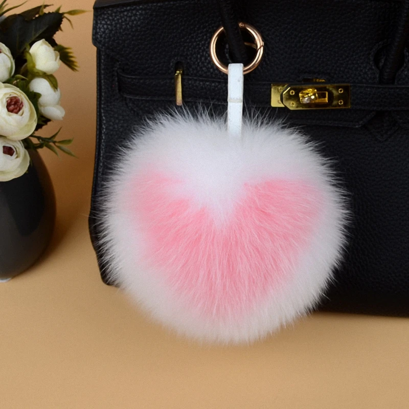 

15CM Big Fluffy Heart Pom Pom Keychains Handmade Real Fox Fur Ball Key Chains Bag Chains Charm Monster Heart Pompoms TKK031-WP