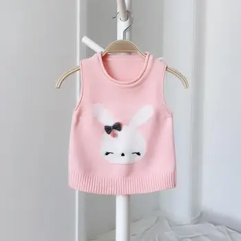 

Baby Sweater Waistcoat Solid Color Baby Girl Vest Sweet Bunny Infant Girl Outfit O-Neck Knitted Clothes 3Colors for 1T-4T