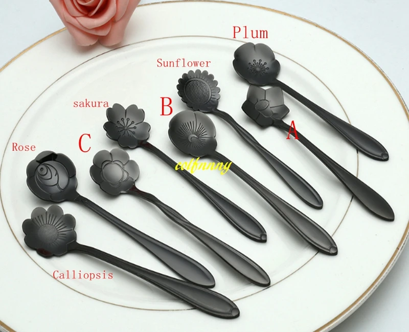 

100pcs/lot 12.5*2.5cm Black color Flower Spoon Stainless Steel Cherry Blossoms Sakura Rose Measuring Tea Coffee Scoop Gift