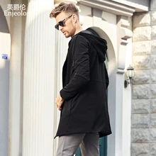 Бренд Enjeolon, новинка, длинные толстовки с капюшоном, Тренч, мужское качественное черное однотонное пальто, ветровка, куртка,, JK0523