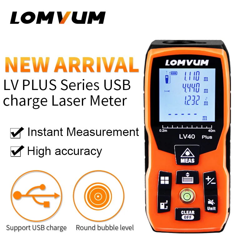 

LOMVUM New Arrival USB Charge Bubble Level Laser Rangefinders Digital Laser Distance Meter Meter Distance Measurer Laser