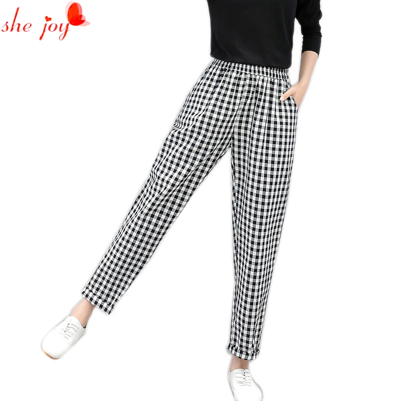 

2017 Autumn Women Pants Englans Style Plaid White Black Check Trousers for Female Women's Pants Cotton Elastic Waist Big Size