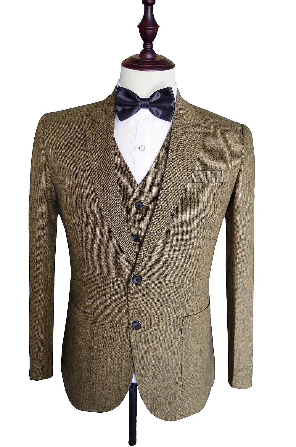 2017 последние пальто брюки Дизайн коричневый твид мужской костюм смокинг Slim Fit Тощий 3 предмета пользовательские Стиль Костюмы жениха