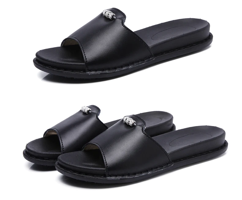 BeckyWalk Summer Women Slippers Flat Sandals Beach Shoes Women Flip Flops Genuine Leather Slides Flat Mules Ladies Shoes WSH2846