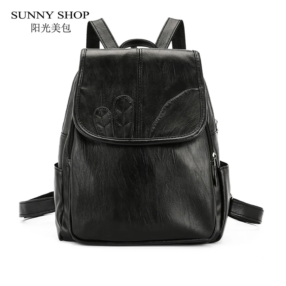

SUNNY SHOP Brand Designer Women Backpack College School Bag PU Leather Black Backpack For Girls Tree Leaf Printing Bagpack femal