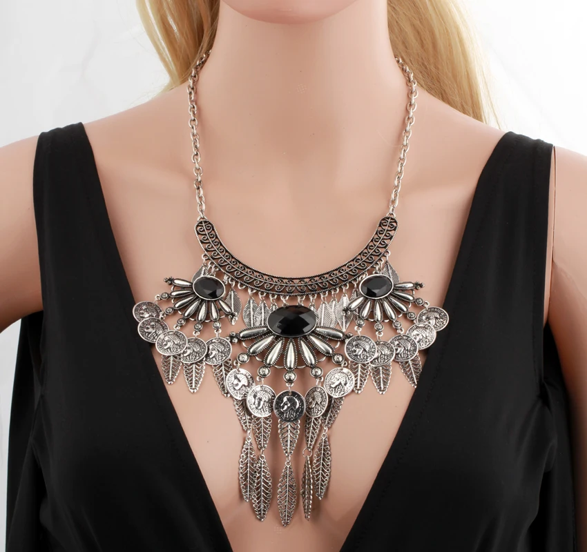 

Women Antique Silver Color Traveller Statment Layered Choker Necklace Bar With Coins Leaf Flower Charms Bib Jewelry