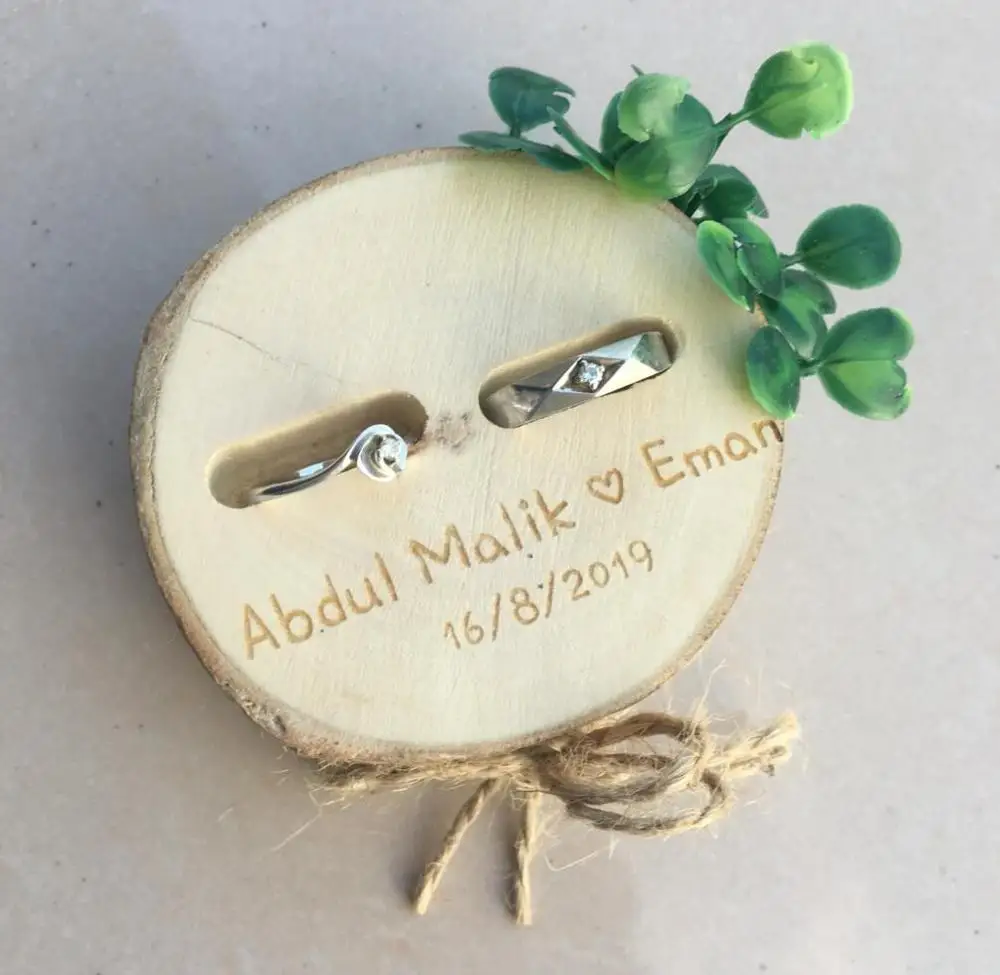 

Personalized Wood slice Ring Holder Rustic Country Wedding Custom engagementring Box The Hunt is Over with custom name and date