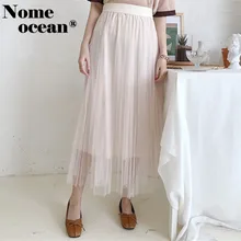 Эластичный пояс макси юбки Лето Марля из одноцветной сетчатой ткани женские юбки подкладка плиссированная юбка длинная дизайнерская юбка M18040808