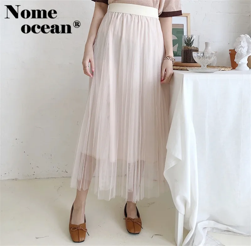Elastic Waist Maxi Skirts 2018 Summer Gauze Solid Color Mesh Women's