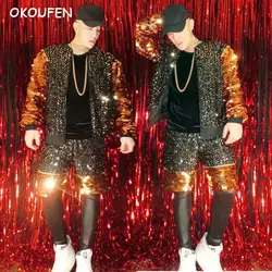 2018 Новый Для мужчин моды Черное золото зеркало красочные костюмы комплект вечерние show в стиле хип-хоп бейсбольная одежда для ночного клуба