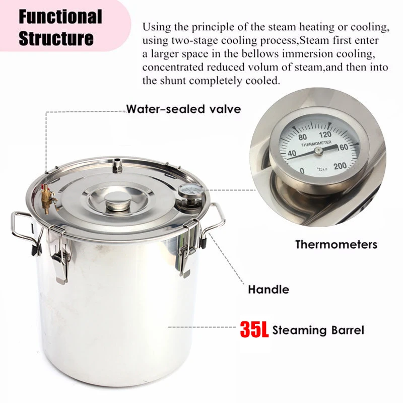  35L Copper Moonshine Alcohol Whisky Water Distiller Stainless Boiler Home Kitchen Brewing +Thumper  - 4000003893797