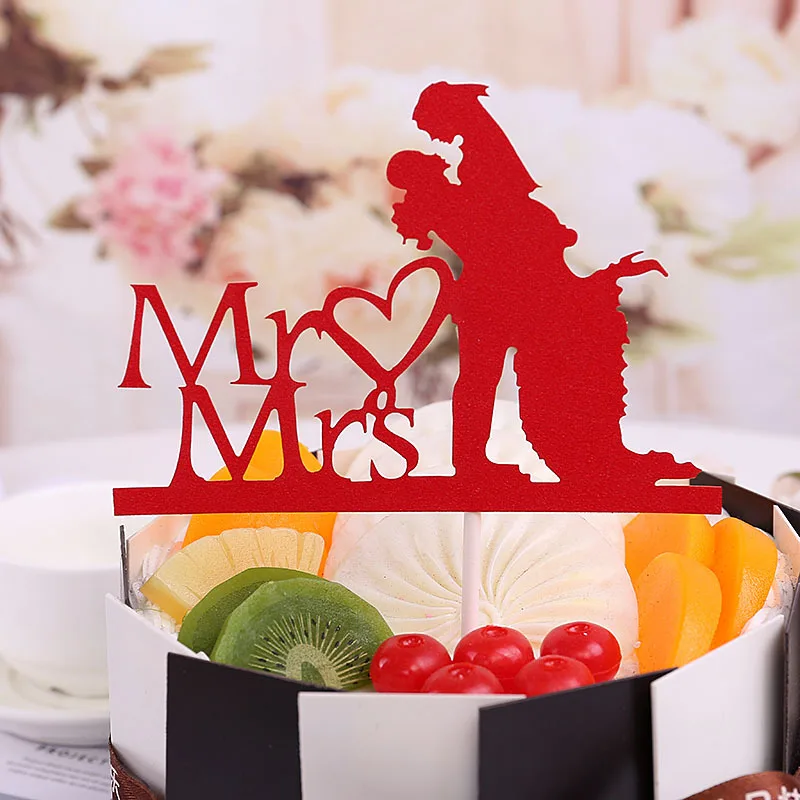 Glitter Mr Mrs Wedding Birthday Flag Cake Topper Party Favors Sticker Banner Card Cake Baking DIY Accessory Multi-color 10pc/lot