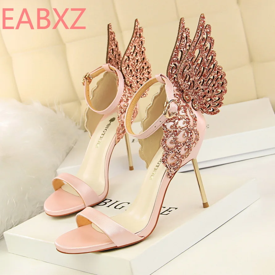 

EABXZ European American wind nightclub sexy Banquet women shoes high heels thin heel a word with rhinestone wings sandals