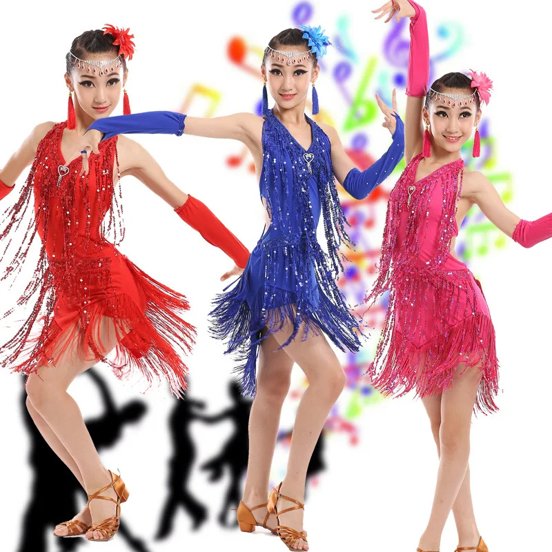 Girl new fashion tassel performance costumes children Latin dance dress girls Latin dance clothing stage competition clothes A42