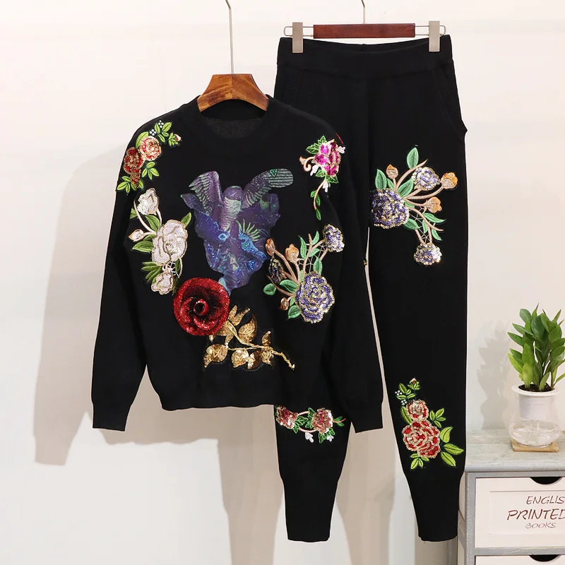 Шикарные Женские трикотажные штаны с аппликацией, весенне-осенние свитера с цветами и блестками + повседневные штаны, комплект из двух