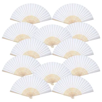 

10 pcs/lot Hand Held Fans White Silk Bamboo Folding Fans Handheld Folded Fan for Church Wedding Gift, Party Favors