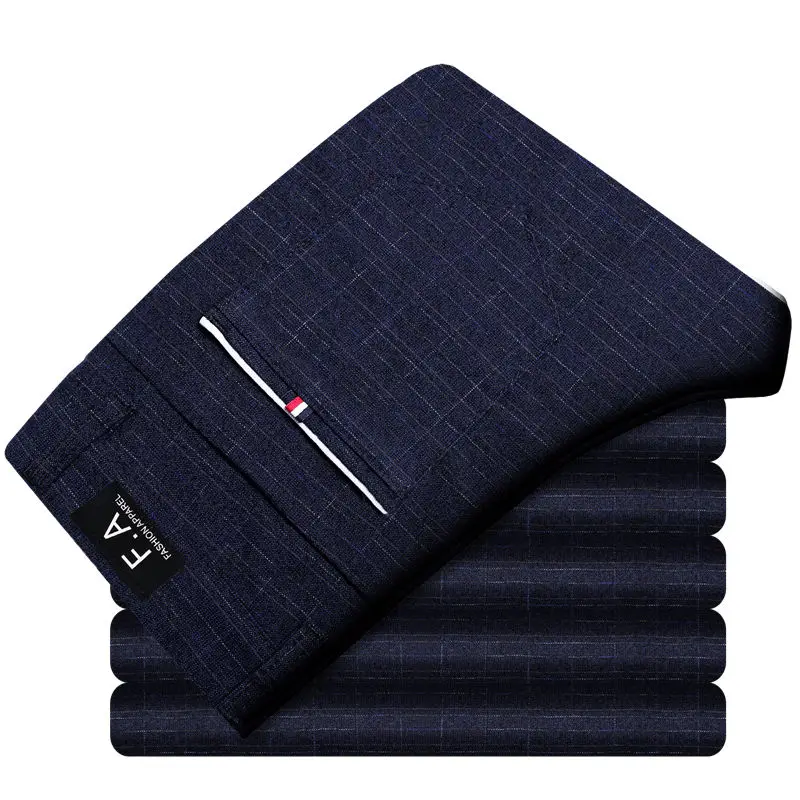 Высококачественные хлопковые льняные клетчатые брюки мужские деловые повседневные Прямые брюки - Цвет: Plaid Blue